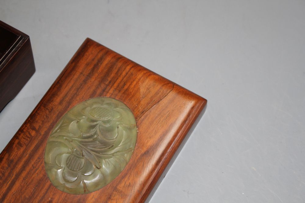 A Chinese hardwood box with inset bowenite jade panel, 13cm
